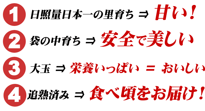 美味しさの理由まとめ
1.日照量日本一の里育ち ⇒ 甘い!
2.袋の中育ち ⇒ 安全で美しい
3.大玉 ⇒ 栄養いっぱい ＝ おいしい
4.追熟済み ⇒ 食べ頃をお届け!